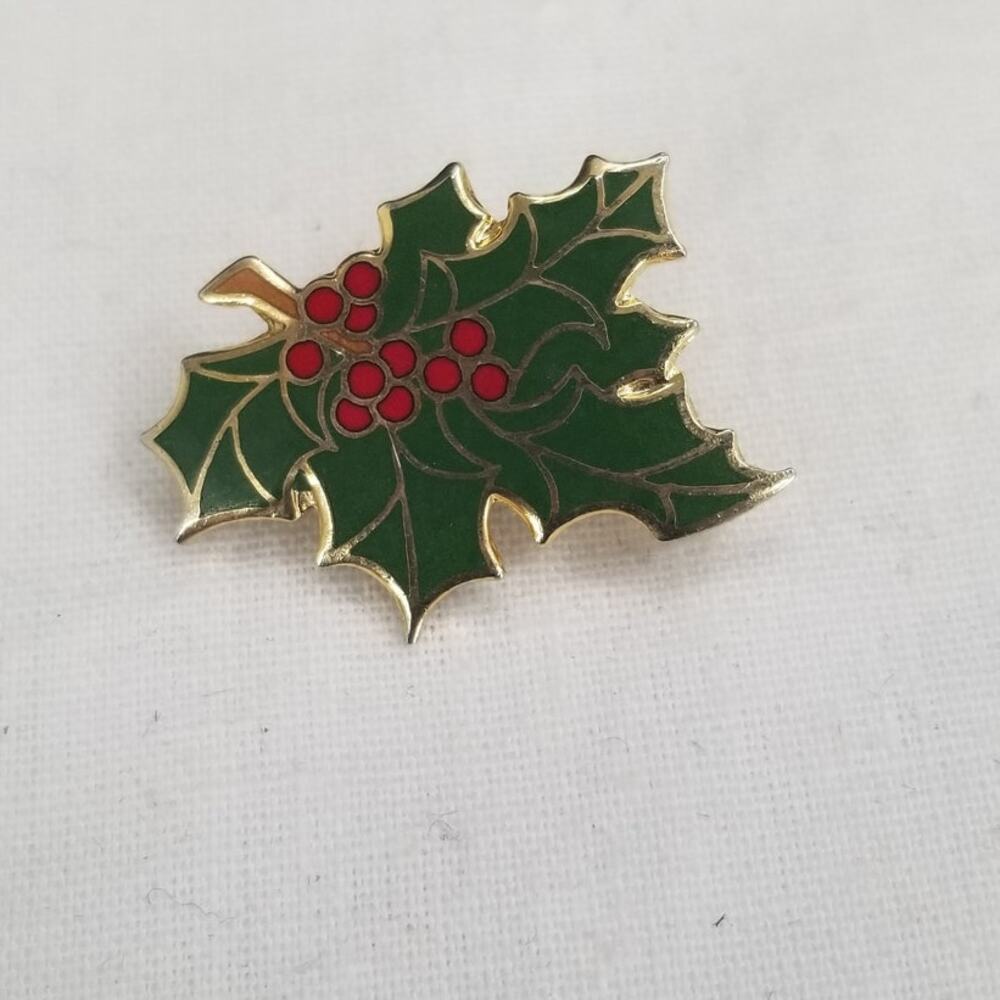 Vintage Holly Christmas Lapel Pin Enamel Golden Metal Branded Brooch